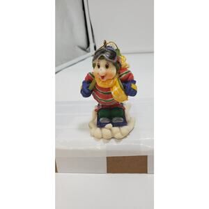 Skiing Christmas Snowman /w Teddy Bear In Backpack 3” Polystone Ornament